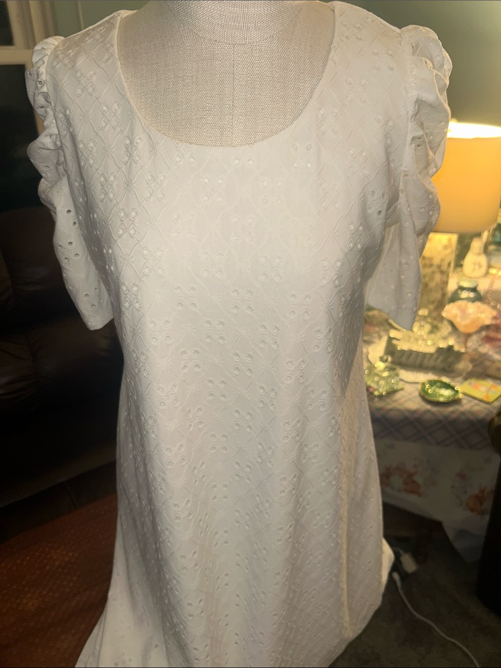 MSK Petite White Eyelet Puff Sleeve White & soft Dress Size PL
